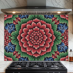 Ornate Floral Medallion Printed Glass Kitchen Backsplash