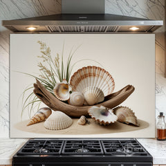 Rustic Coastal Still Life Glass Backsplash Design