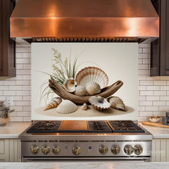 Rustic Coastal Still Life Glass Backsplash Design