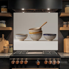 Stacked Ceramic Bowls Still Life Glass Backsplash