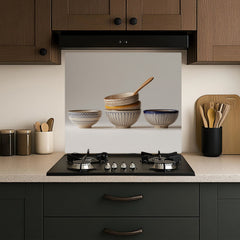 Stacked Ceramic Bowls Still Life Glass Backsplash