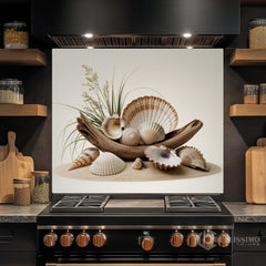 Rustic Coastal Still Life Glass Backsplash Design