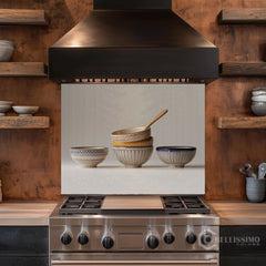 Stacked Ceramic Bowls Still Life Glass Backsplash