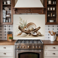 Rustic Coastal Still Life Glass Backsplash Design