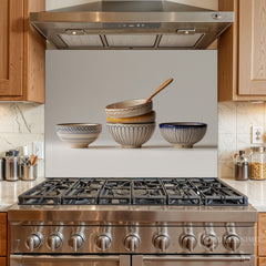 Stacked Ceramic Bowls Still Life Glass Backsplash