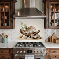 Rustic Coastal Still Life Glass Backsplash Design