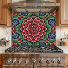 Ornate Floral Medallion Printed Glass Kitchen Backsplash