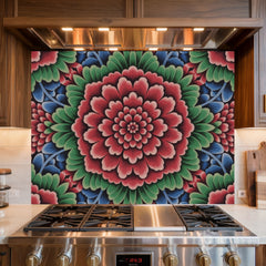 Ornate Floral Medallion Printed Glass Kitchen Backsplash