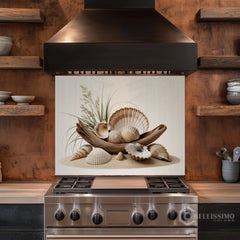 Rustic Coastal Still Life Glass Backsplash Design