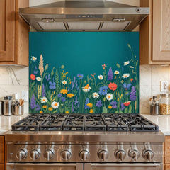 Lush Wildflower Garden Glass Backsplash Design
