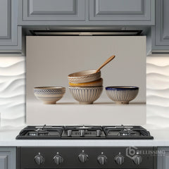 Stacked Ceramic Bowls Still Life Glass Backsplash