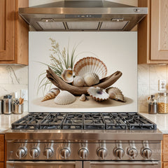Rustic Coastal Still Life Glass Backsplash Design