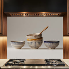 Stacked Ceramic Bowls Still Life Glass Backsplash