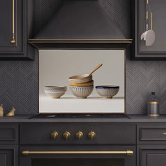 Stacked Ceramic Bowls Still Life Glass Backsplash