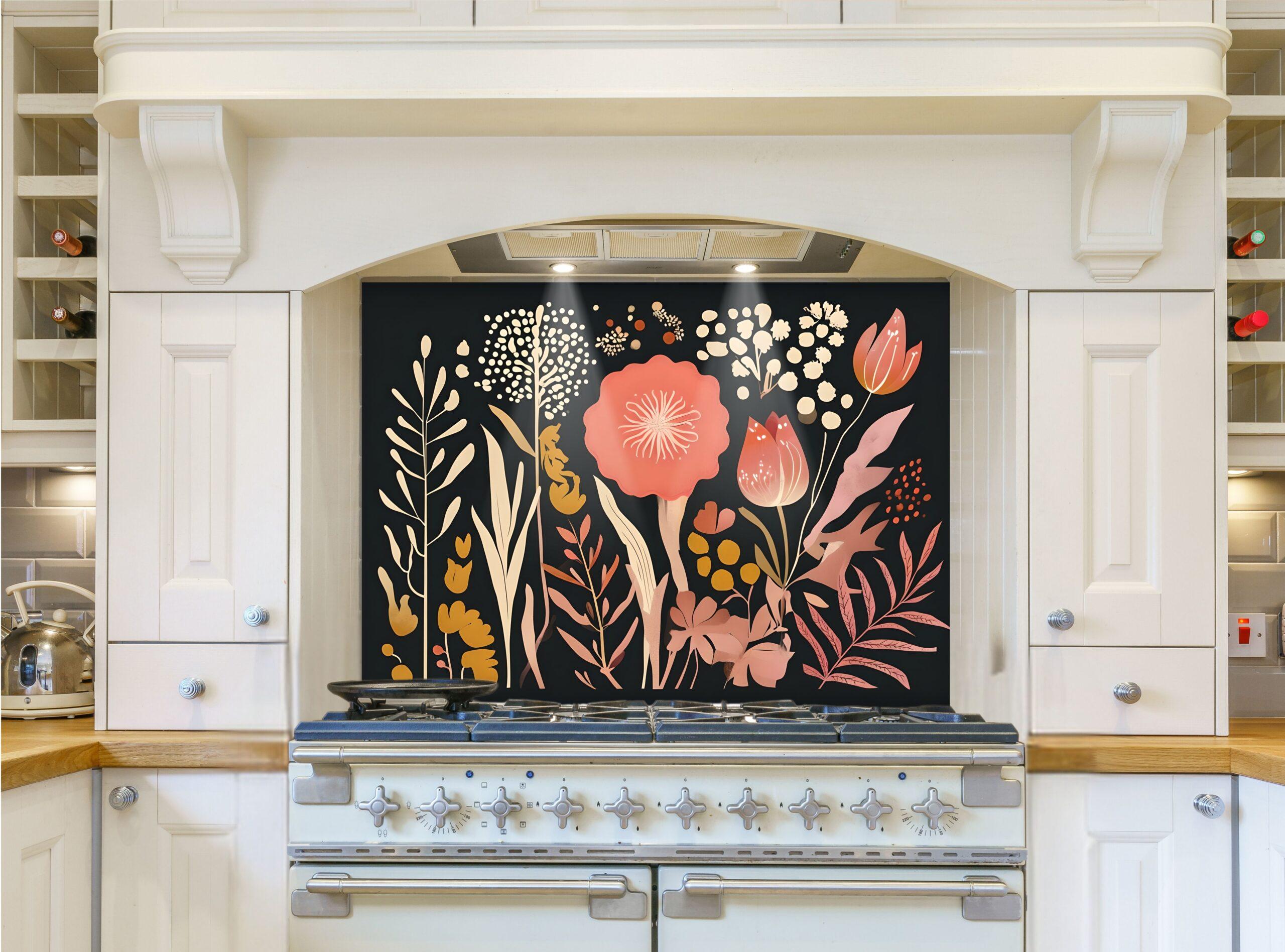 May include: A white kitchen with a black floral patterned backsplash behind a white range with six burner stovetop and two ovens. The backsplash features pink, orange, and yellow flowers and leaves on a black background.
