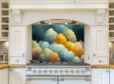 May include: A white kitchen with a stove and a backsplash featuring a painting of a forest with blue, green, and yellow trees.