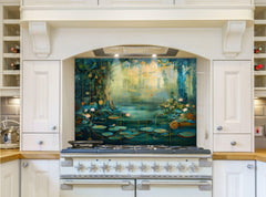 May include: A white kitchen with a range hood and a stove. The range hood has a decorative backsplash with a blue and green watercolor painting of a forest scene with lily pads and flowers. The stove is white with a black top and six burners.