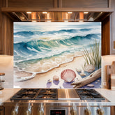 Ocean Wave Glass Kitchen Backsplash: Seashell Coastal Decor
