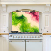 Abstract Green & Pink Fluid Art Tempered Glass Kitchen Backsplash