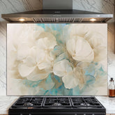 Floral Glass Backsplash: Beige & Blue Abstract Petal Design - Tempered Glass