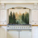 Misty Pine Forest Glass Backsplash – Nature-Inspired Kitchen Wall Art