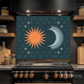 Sun & Moon Retro Cosmic Art – Mystical Dark Teal Tempered Glass Kitchen Backsplash Panel