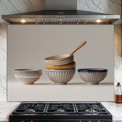 Stacked Ceramic Bowls Still Life Glass Backsplash