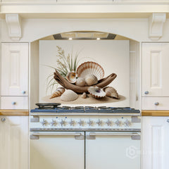 Rustic Coastal Still Life Glass Backsplash Design