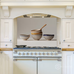 Stacked Ceramic Bowls Still Life Glass Backsplash