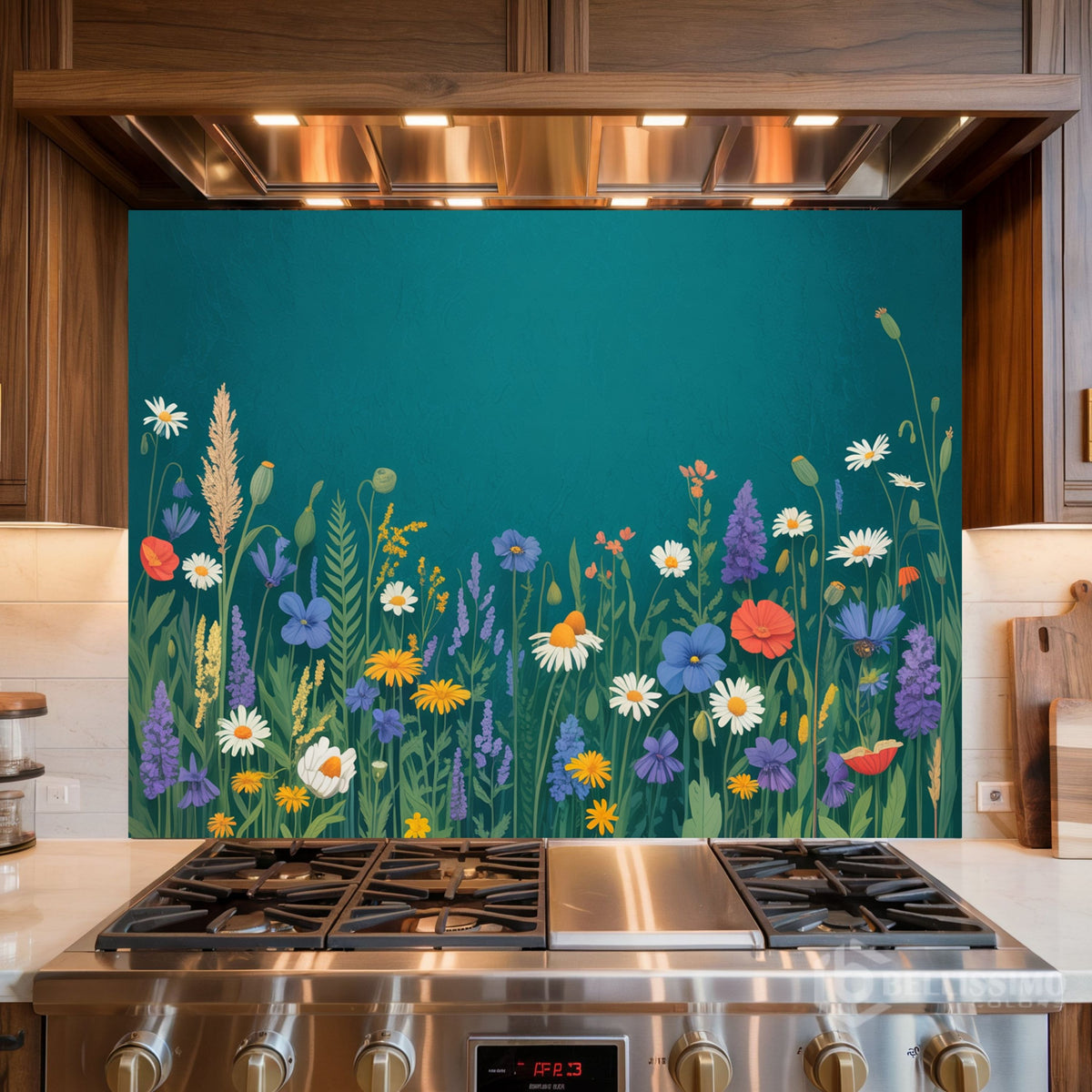 Lush Wildflower Garden Glass Backsplash Design
