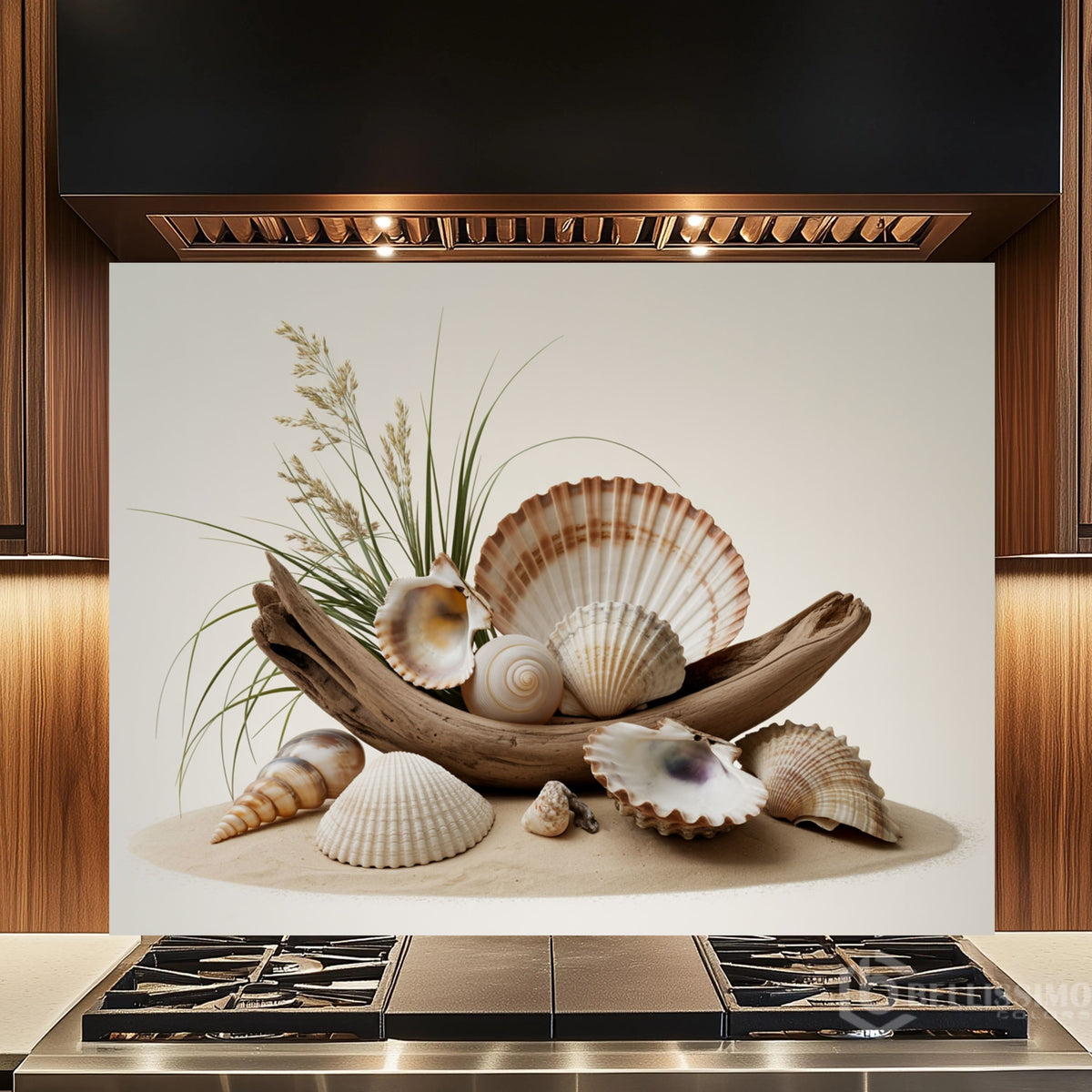 Rustic Coastal Still Life Glass Backsplash Design