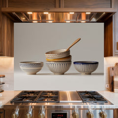 Stacked Ceramic Bowls Still Life Glass Backsplash