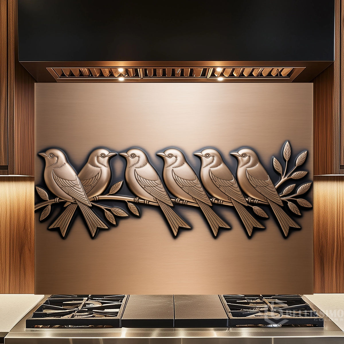 Brushed Bronze Birds on Branch Glass Backsplash