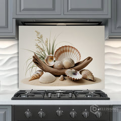 Rustic Coastal Still Life Glass Backsplash Design