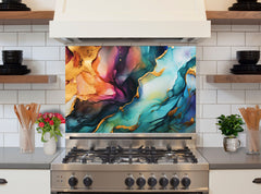 Marbled Ink Tempered Glass Kitchen Backsplash Panel