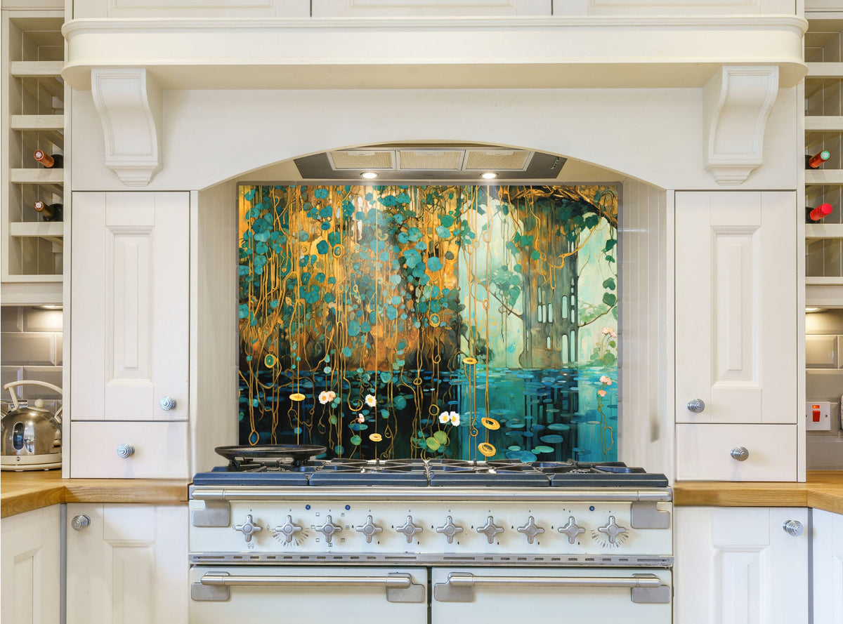 May include: A white kitchen range with a glass backsplash featuring a painting of a blue and green water scene with yellow lily pads and white flowers. The backsplash is framed with a white trim.