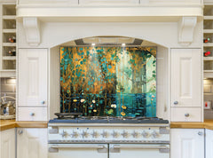 May include: A white kitchen range with a glass backsplash featuring a painting of a blue and green water scene with yellow lily pads and white flowers. The backsplash is framed with a white trim.