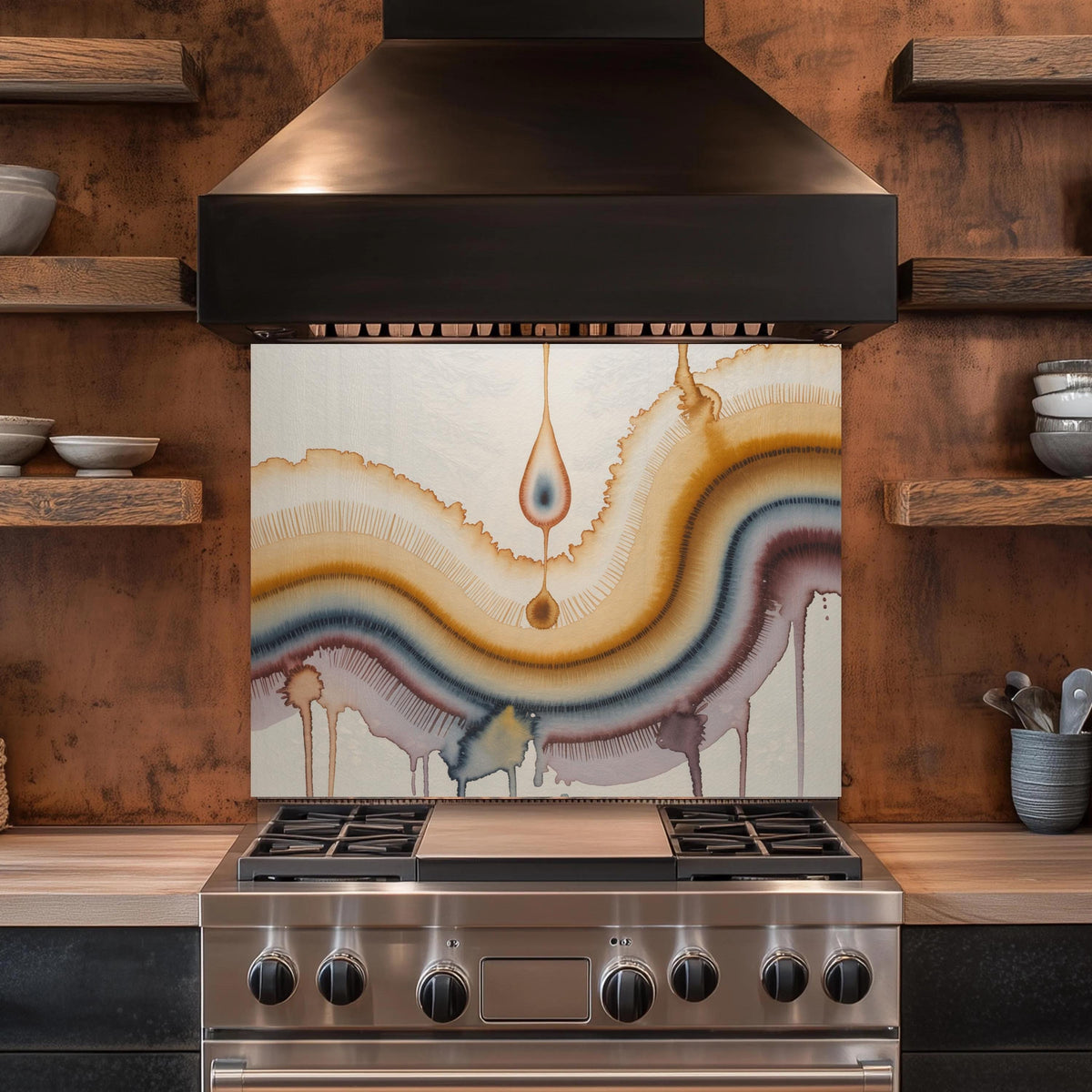 Watercolor Wave Glass Kitchen Backsplash: Earth Tones Tempered Glass Decor