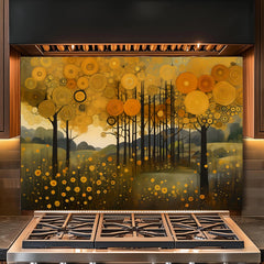 Golden Abstract Forest Glass Backsplash: Tempered Kitchen Decor Panel