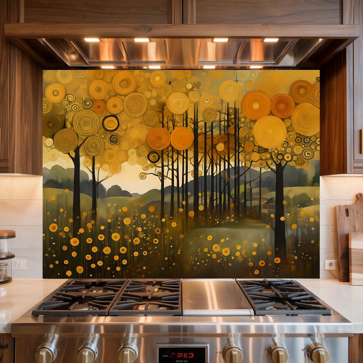 Golden Abstract Forest Glass Backsplash: Tempered Kitchen Decor Panel