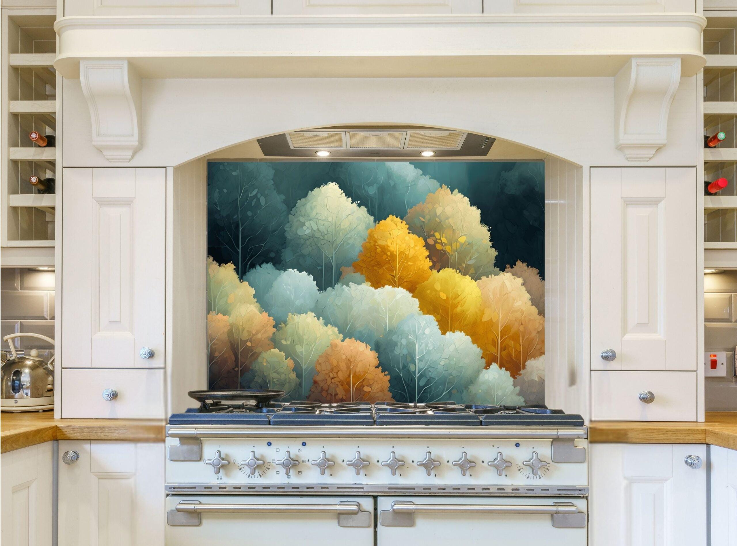 May include: A white kitchen with a stove and a backsplash featuring a painting of a forest with blue, green, and yellow trees.