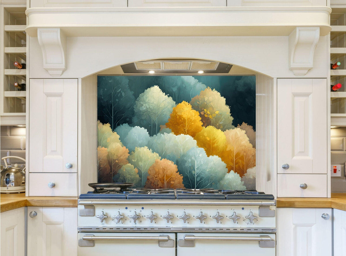 May include: A white kitchen with a stove and a backsplash featuring a painting of a forest with blue, green, and yellow trees.