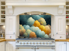 May include: A white kitchen with a stove and a backsplash featuring a painting of a forest with blue, green, and yellow trees.