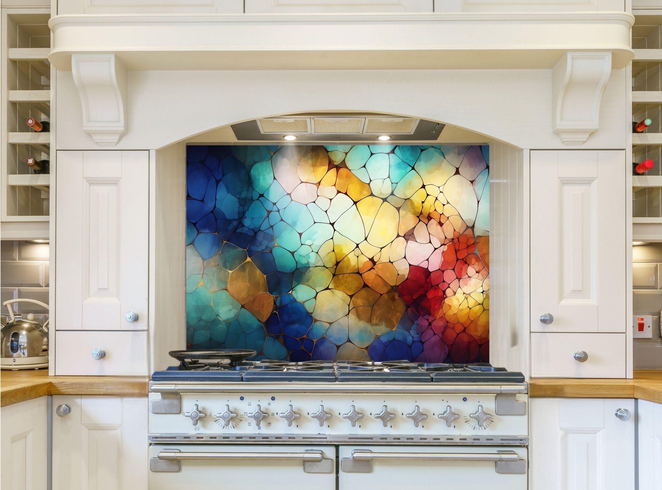 May include: A white kitchen range with a colorful abstract backsplash. The backsplash is made of glass tiles in shades of blue, green, yellow, orange, and red. The range has a black burner grate and a white control panel with silver knobs.