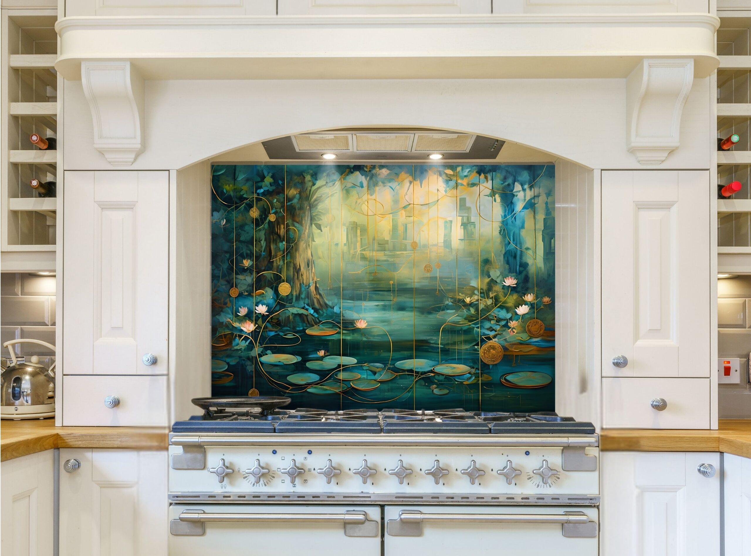 May include: A white kitchen with a range hood and a stove. The range hood has a decorative backsplash with a blue and green watercolor painting of a forest scene with lily pads and flowers. The stove is white with a black top and six burners.
