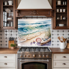 Ocean Wave Glass Kitchen Backsplash: Seashell Coastal Decor