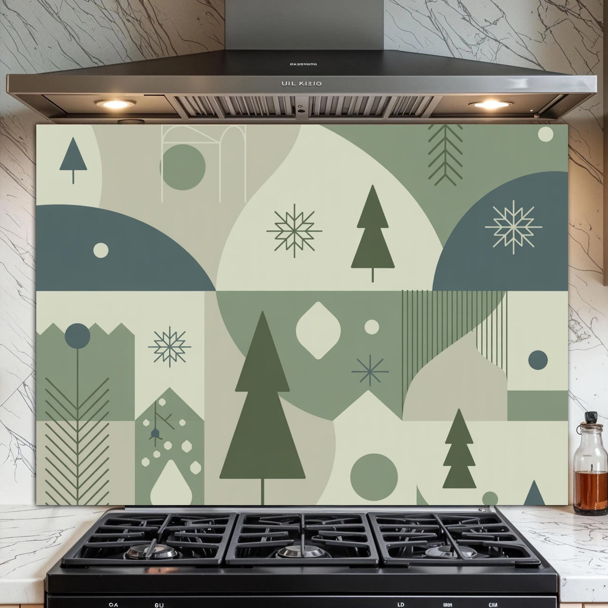 Abstract Moss Green Geometric Glass Kitchen Backsplash - Tempered Glass Panel