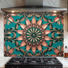 Turquoise Bronze Mosaic Mandala Glass Backsplash: Ornate Floral Design
