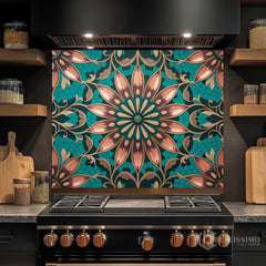 Turquoise Bronze Mosaic Mandala Glass Backsplash: Ornate Floral Design