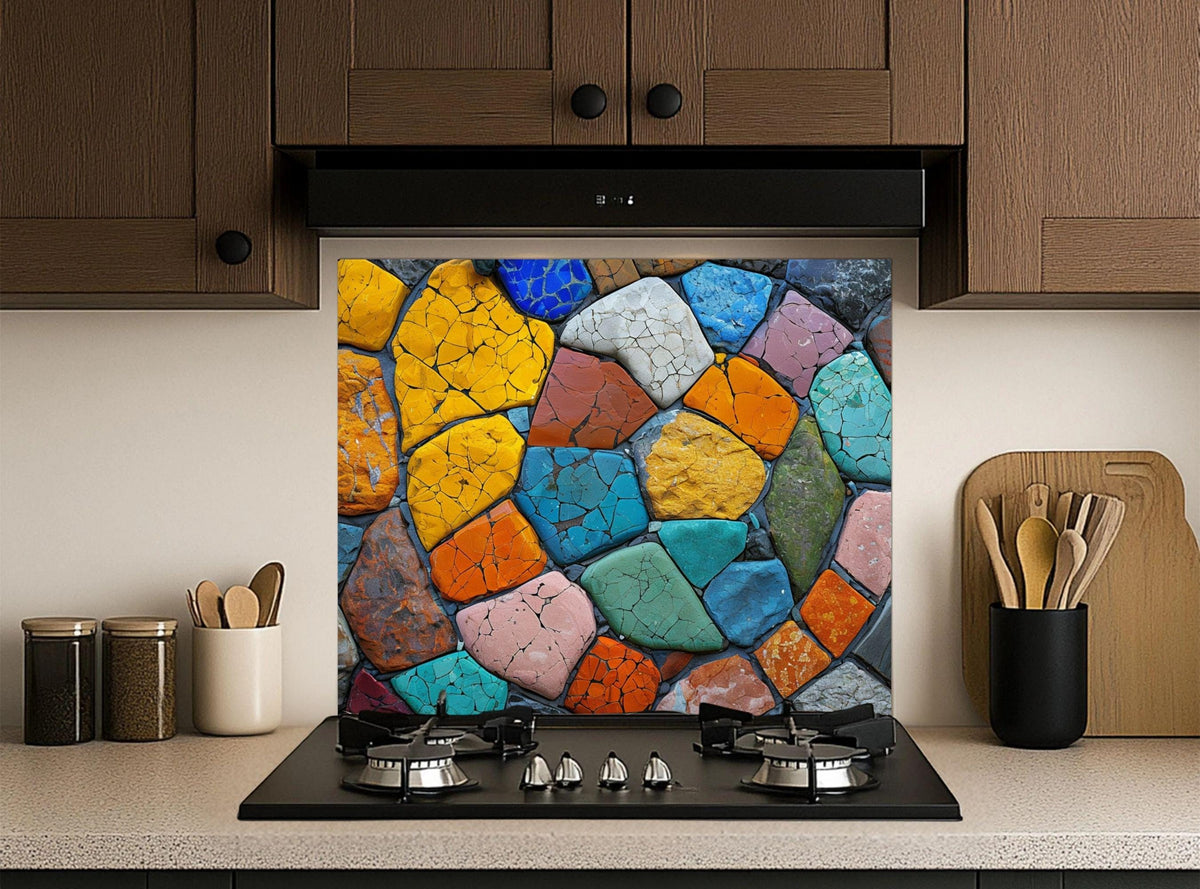 May include: A colorful kitchen backsplash with a mosaic stone design. The backsplash features irregularly shaped stones in shades of yellow, orange, blue, green, and pink. The stones are arranged in a pattern with dark grout lines. The backsplash is installed above a black stovetop with silver burners and knobs.